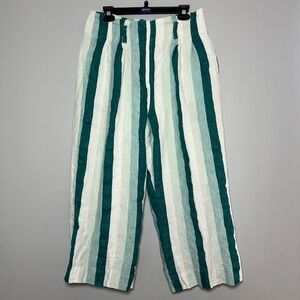 J.Crew Womens Green White‎ Striped 100% Linen Wide Leg Cropped Pants Size 10